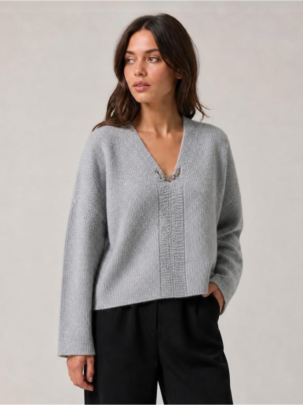 1. State Light Gray Ribbed V-Neck Sweater with Chain Link Detail